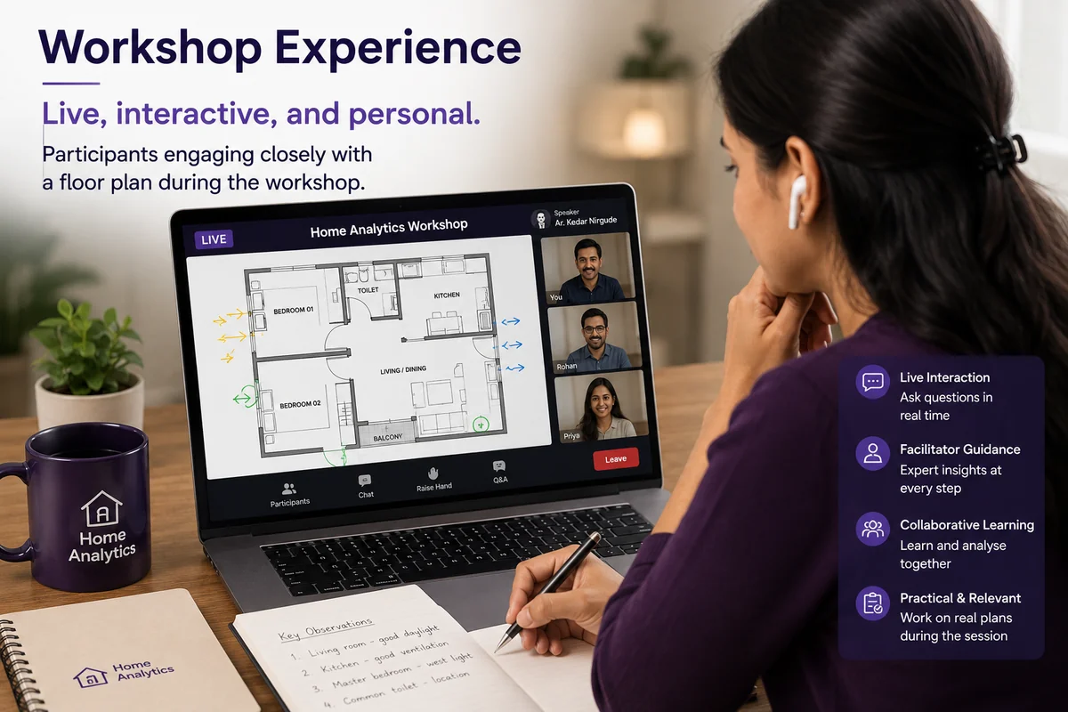 Workshop experience: participants engaging closely with a floor plan during a live video call, with live interaction, facilitator guidance, collaborative learning and practical work