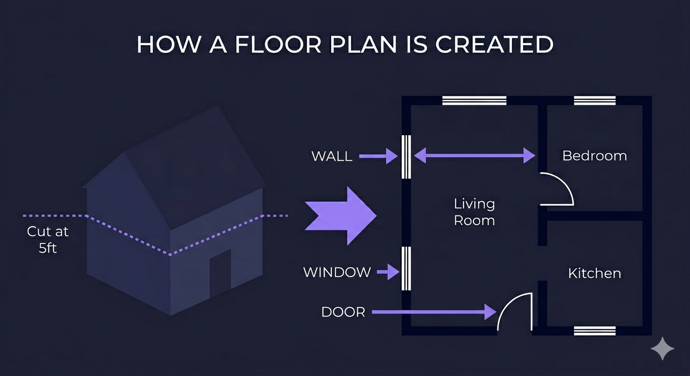 How a floor plan is created — a house cut horizontally at 5 feet height showing walls, window and door symbols in the resulting top-down floor plan view