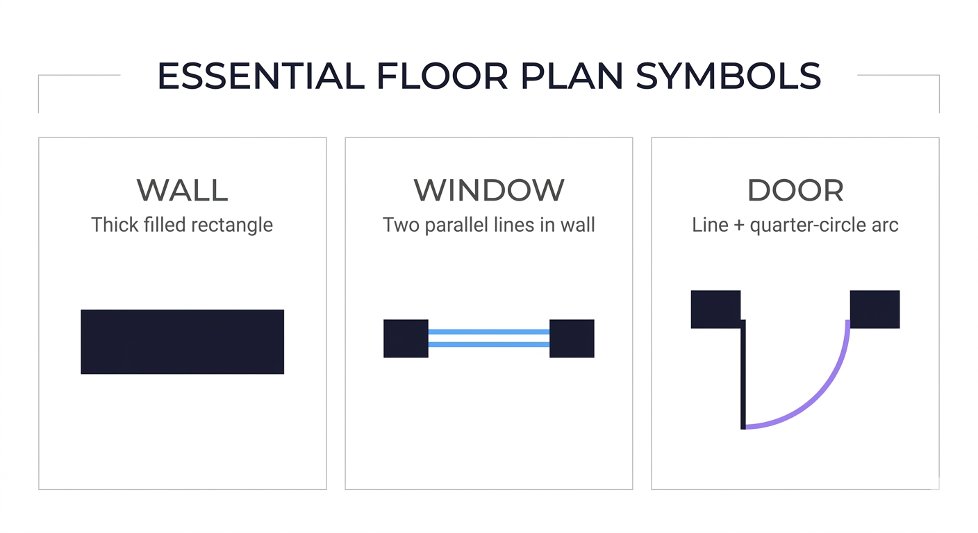 Essential floor plan symbols — Wall shown as thick filled rectangle, Window as two parallel lines in wall, Door as line with quarter-circle arc showing swing direction
