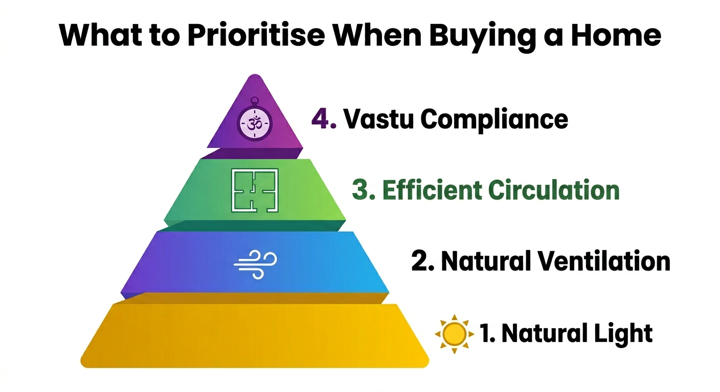 Priority pyramid for home buying — Natural Light at base, Natural Ventilation second, Efficient Circulation third, Vastu Compliance at top — by Kedar Nirgude, Architect