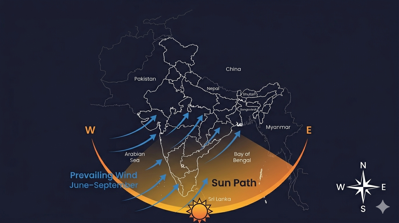 India map showing Southwest to Northeast prevailing wind direction June to September and East to West sun path — the climate basis for Vastu Shastra room placement guidelines